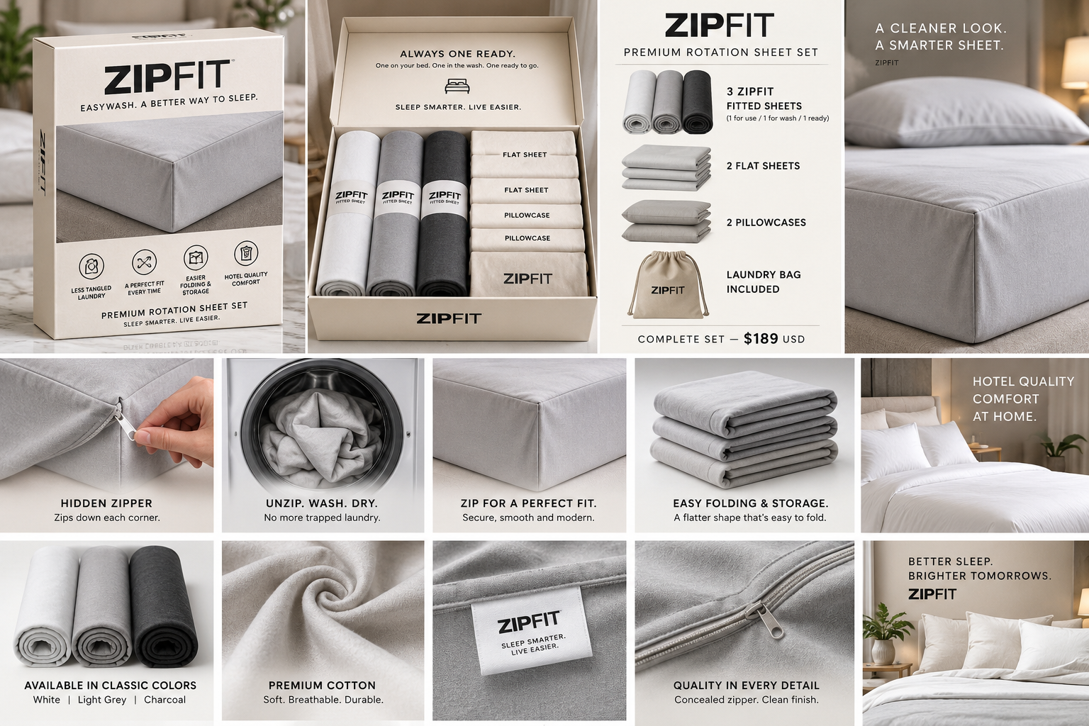 ZIPFIT Premium Rotation Sheet Set — packaging, fitted sheets, corner zipper detail